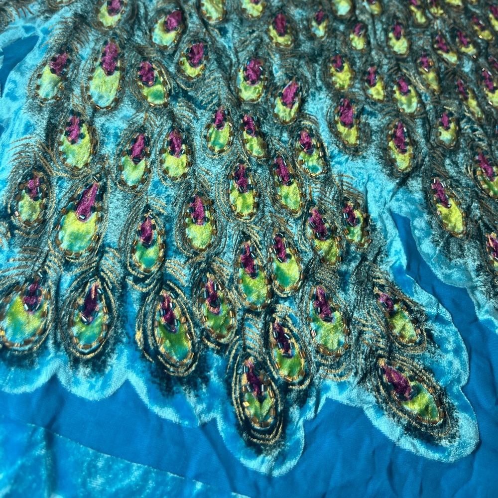VTG Panne Silk Scarf Beaded Crushed Velvet Shawl Peacock Turquoise Floral Wrap - Picture 7 of 11